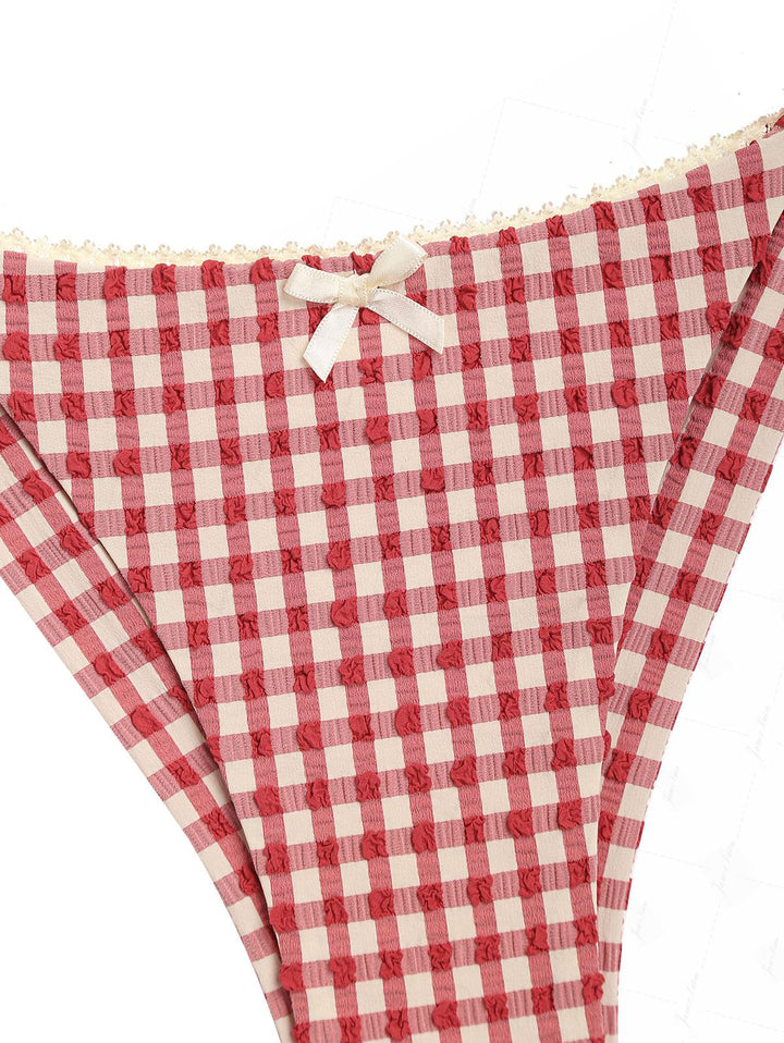 Pomegranate Red Gingham Lace Bowknot String Cheeky Brazilian Bikini Bottom