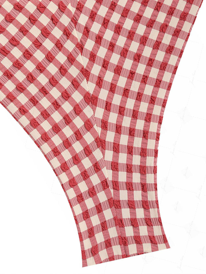Pomegranate Red Gingham Lace Bowknot String Cheeky Brazilian Bikini Bottom
