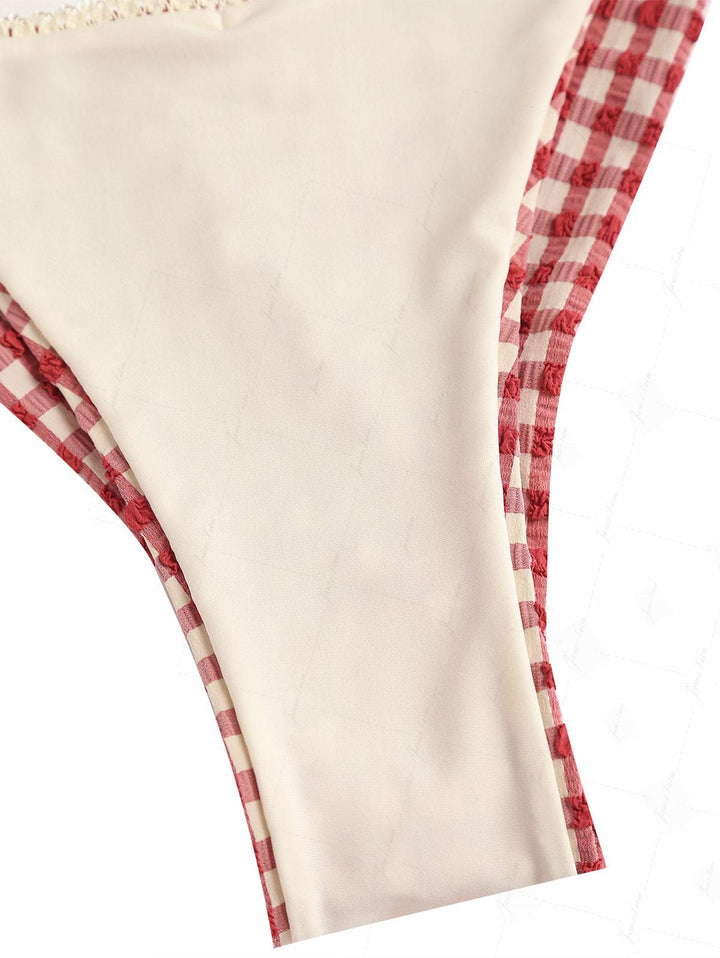 Pomegranate Red Gingham Lace Bowknot String Cheeky Brazilian Bikini Bottom