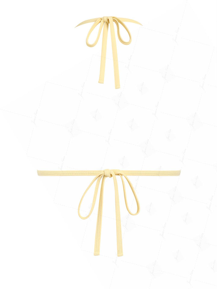 Yellow Knit Striped Halter Triangle Push Up Bikini Top