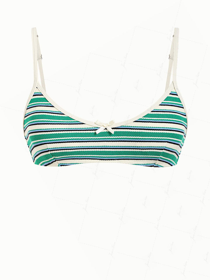 Green Textured Striped Bowknot Contrast Binding Tank Style Bikini Top