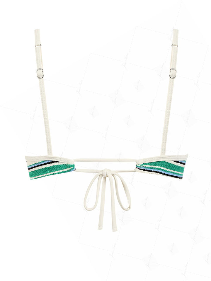 Green Textured Striped Bowknot Contrast Binding Tank Style Bikini Top