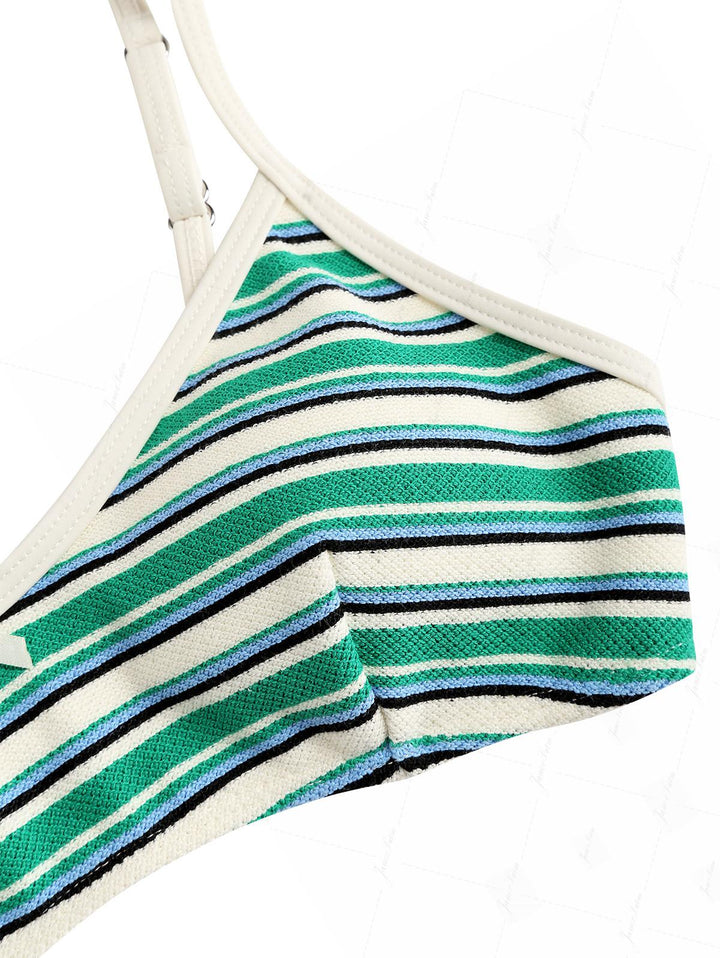 Green Textured Striped Bowknot Contrast Binding Tank Style Bikini Top