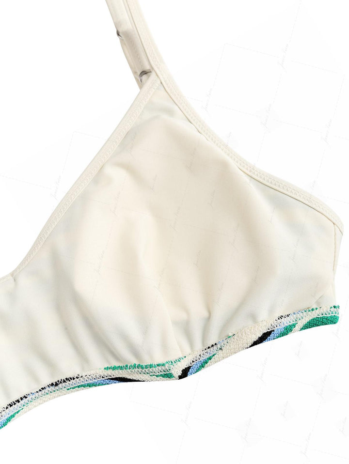 Green Textured Striped Bowknot Contrast Binding Cheeky Boyshorts Bikini Set