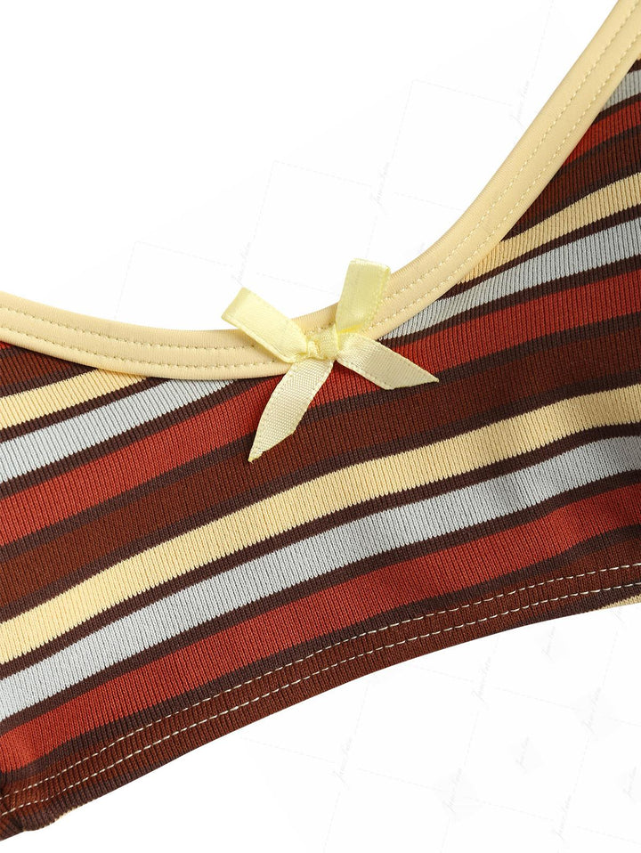 Yellow Striped Bowknot Contrast Binding Tank Style Bikini Top