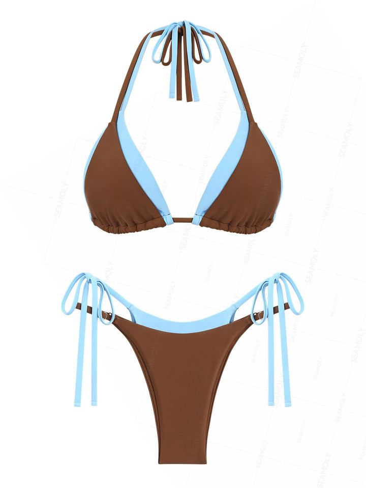 Seamolly Colorblock Two Tone Tie Side Double Layer Bikini Set
