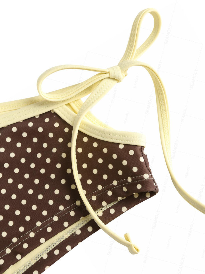 Seamolly Polka Dot Contrast Binding Cutout Tied Cheeky Boyshorts Bikini Set
