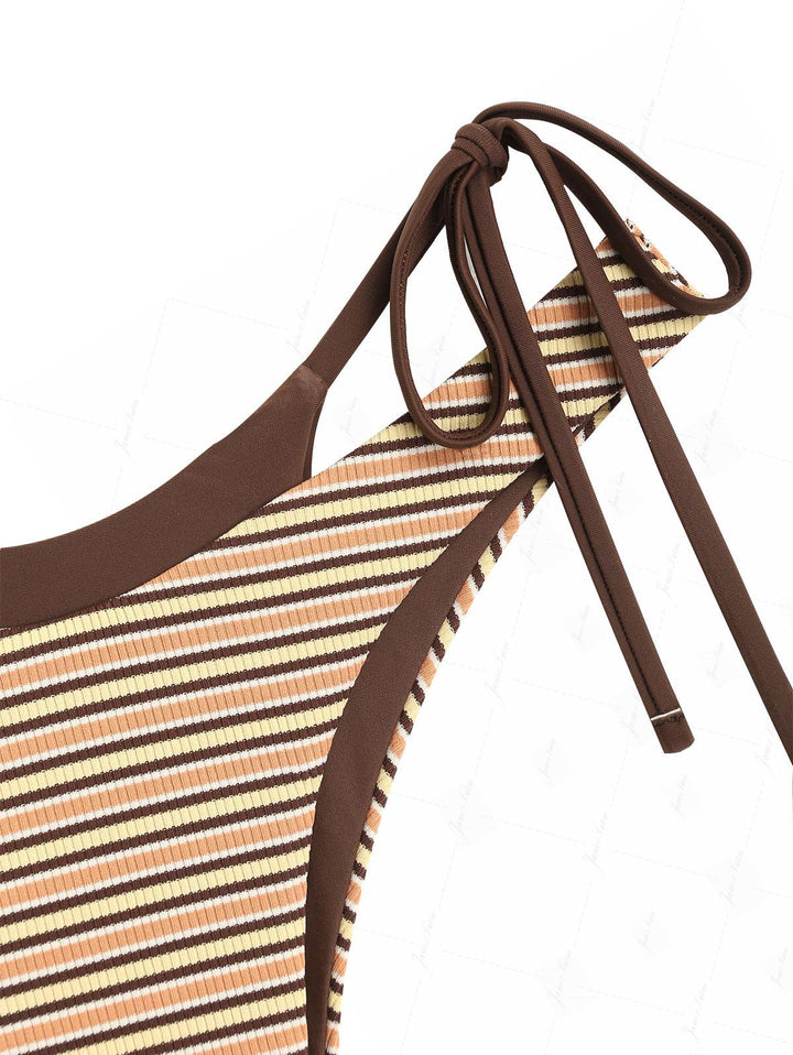 Yellow Contrast Color Ribbed Striped O Ring Double Layer Bikini Set