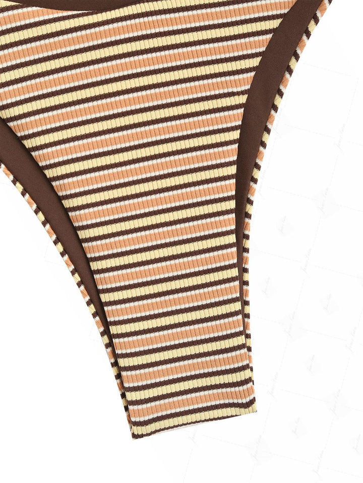 Yellow Contrast Color Ribbed Striped O Ring Double Layer Bikini Set