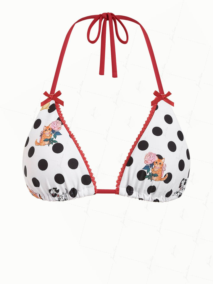 White Polka Dot Animal Print Bowknot Halter Triangle Bikini Top