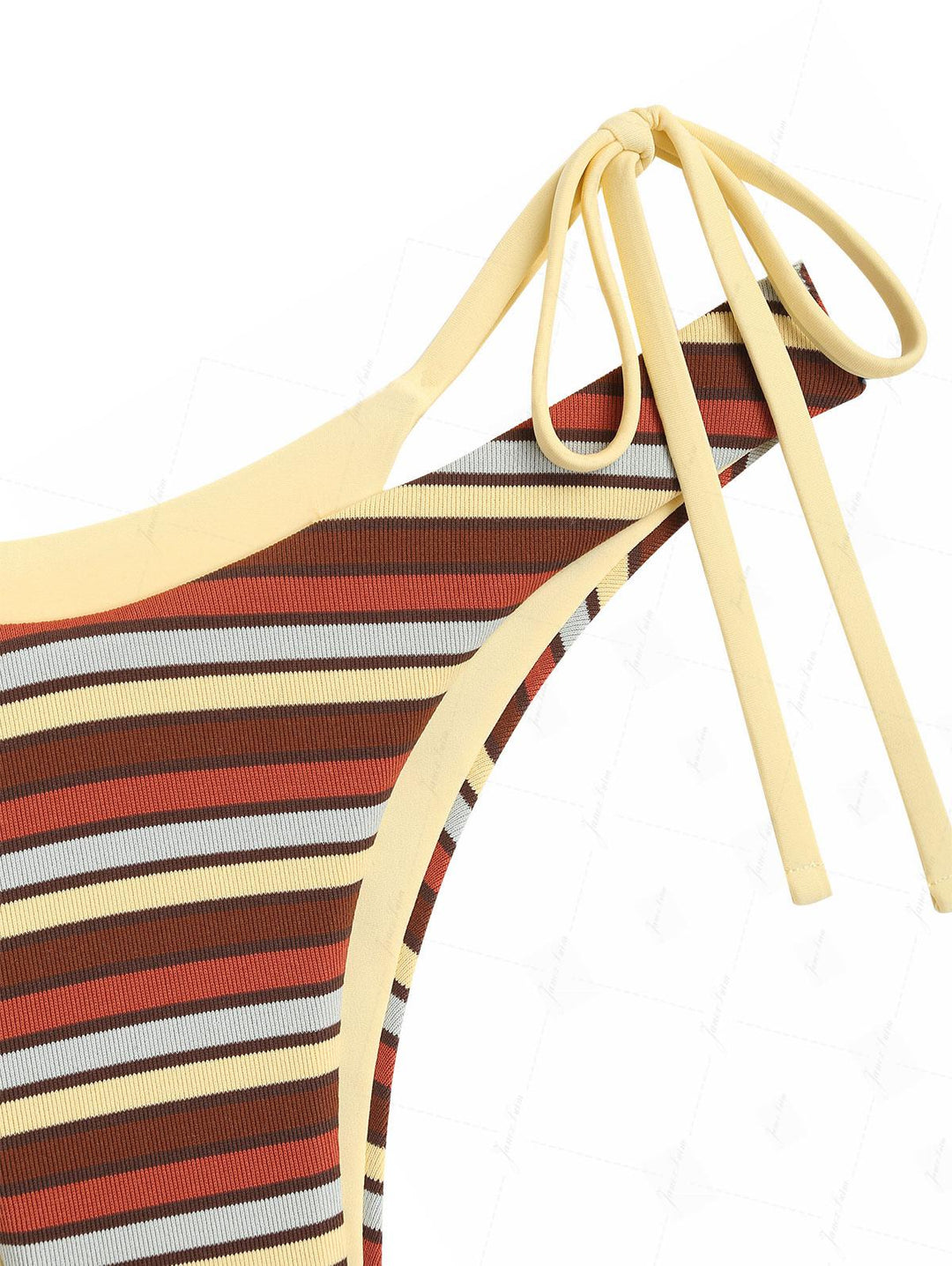 Yellow Contrast Color Ribbed Knit Striped O Ring Double Layer Bikini Set