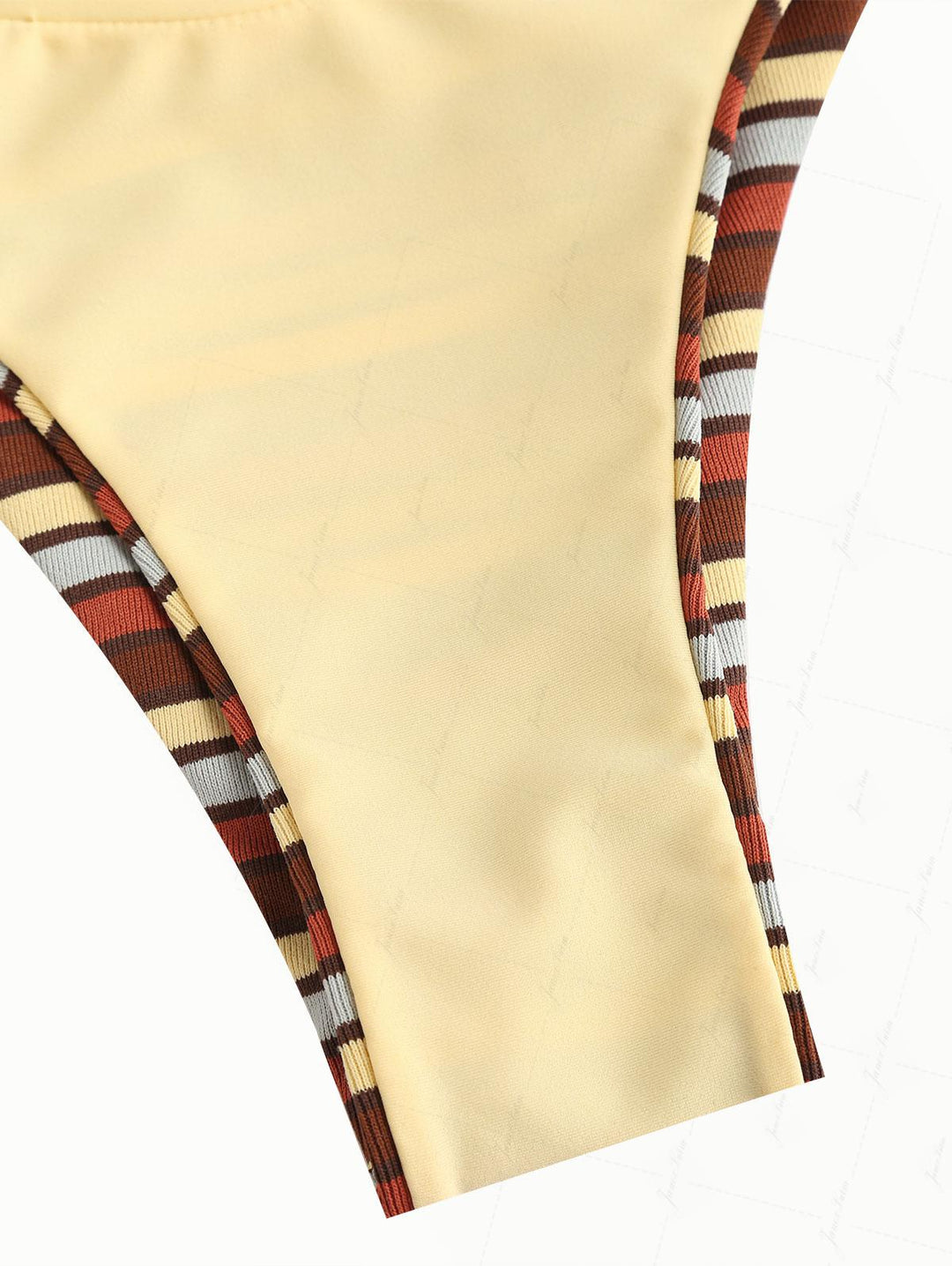 Yellow Contrast Color Ribbed Knit Striped O Ring Double Layer Bikini Set