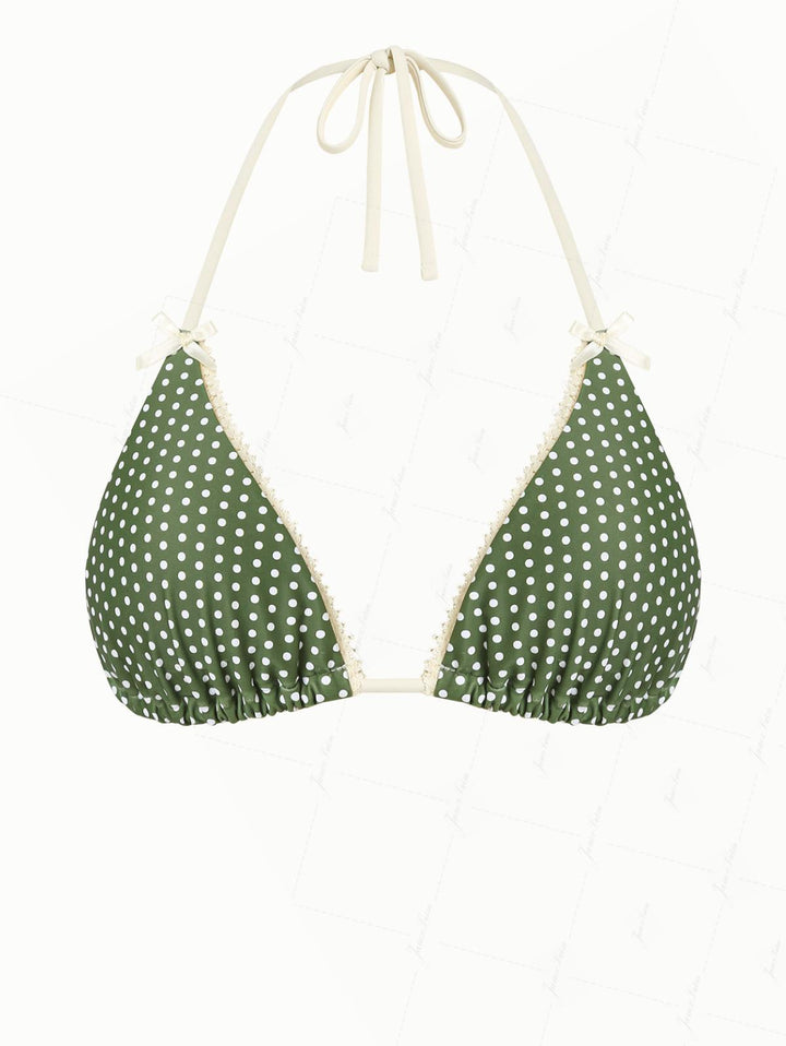 Plant Green Polka Dot Lace Bowknot Halter Triangle Bikini Top