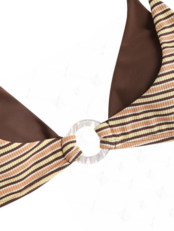 Yellow Contrast Color Ribbed Striped O Ring Double Layer Bikini Set