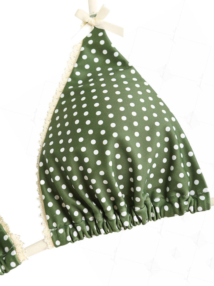 Plant Green Polka Dot Lace Bowknot Halter Triangle Cheeky Boyshorts Bikini Set