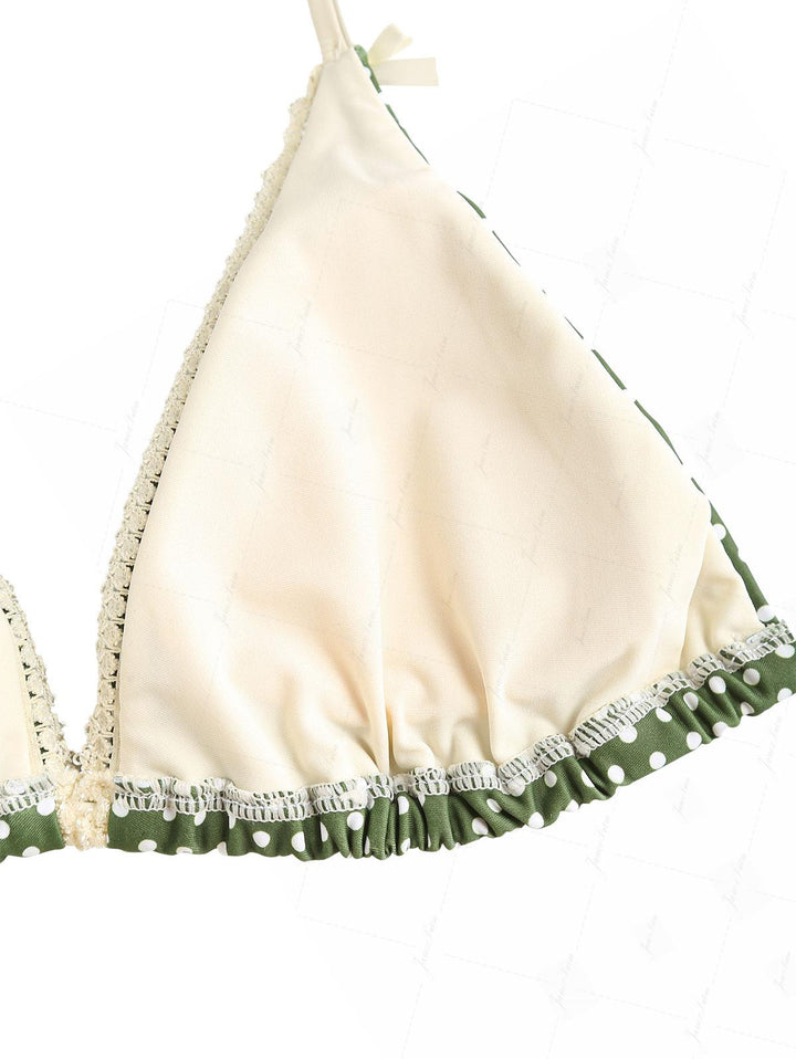 Plant Green Polka Dot Lace Bowknot Triangle Top & Cheeky Brazilian Bottom Bikini Set