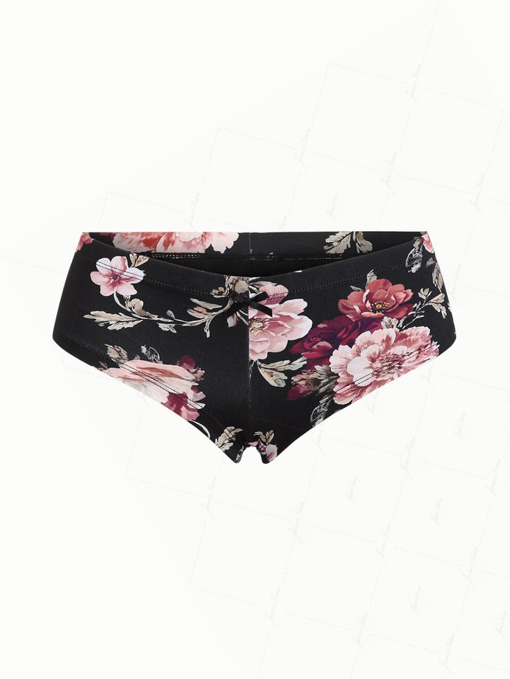 Black Floral Leaf Print Bowknot Bikini Bottom Cheeky Swim Boyshorts