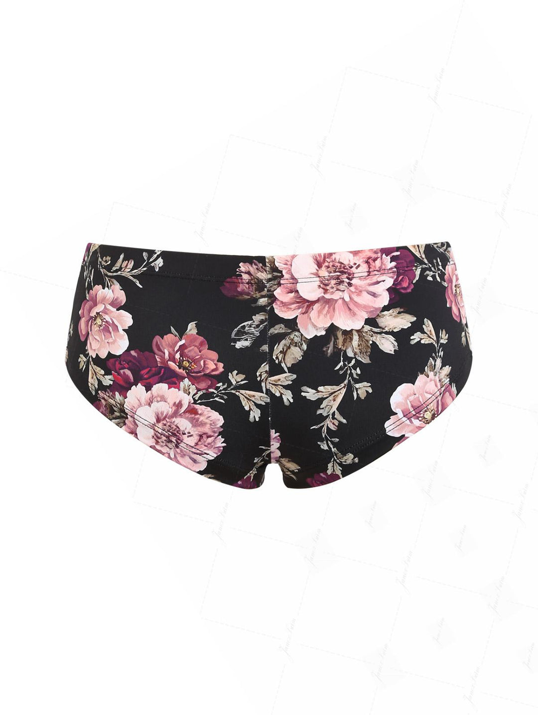 Black Floral Leaf Print Bowknot Bikini Bottom Cheeky Swim Boyshorts