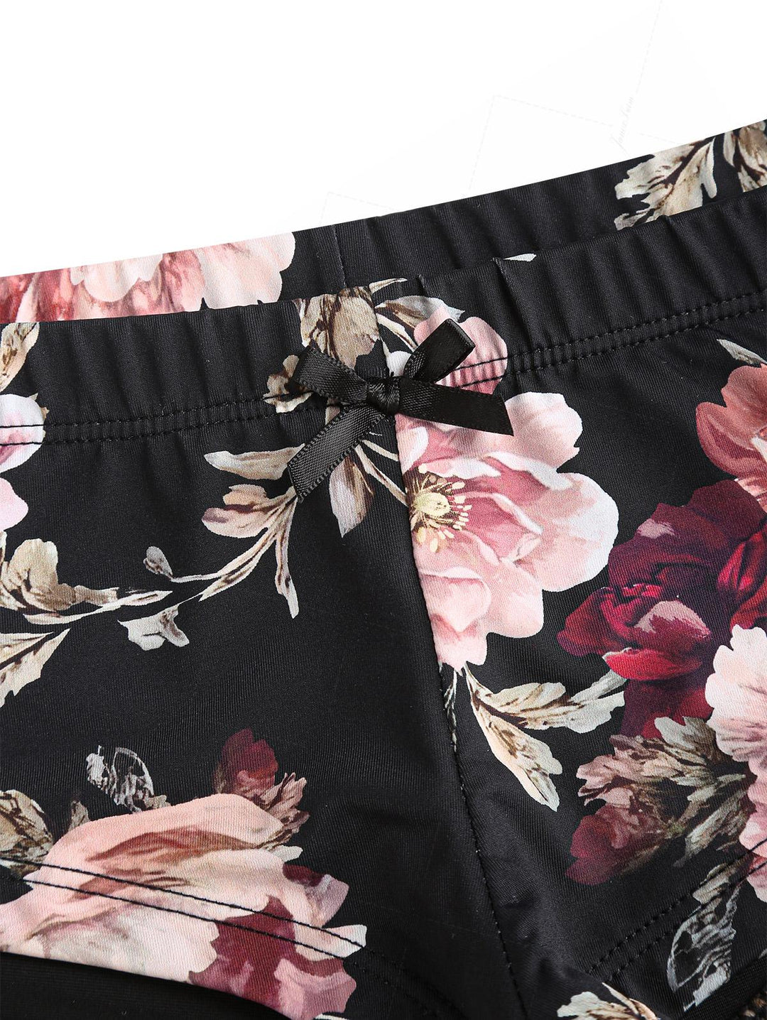 Black Floral Leaf Print Bowknot Bikini Bottom Cheeky Swim Boyshorts