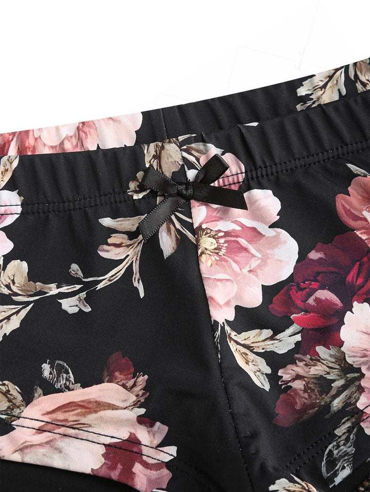 Black Floral Leaf Print Bowknot Bikini Bottom Cheeky Swim Boyshorts