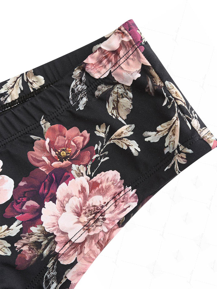 Black Floral Leaf Print Bowknot Bikini Bottom Cheeky Swim Boyshorts