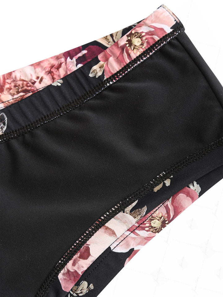 Black Floral Leaf Print Bowknot Bikini Bottom Cheeky Swim Boyshorts