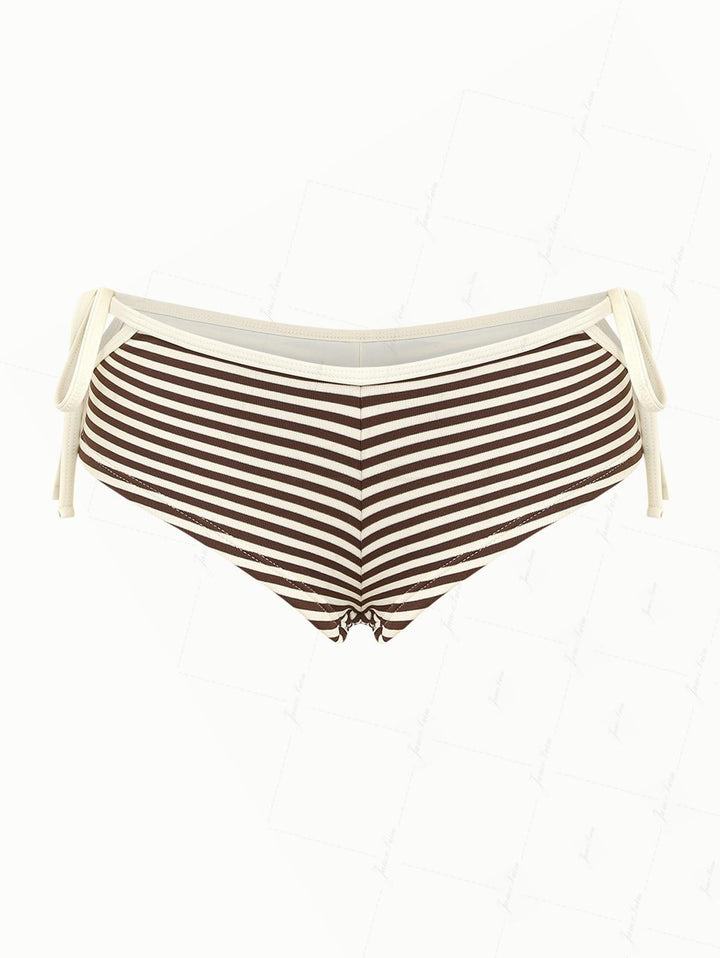 Brown Striped Cutout Tie Side Bikini Bottom Cheeky Swim Boyshorts