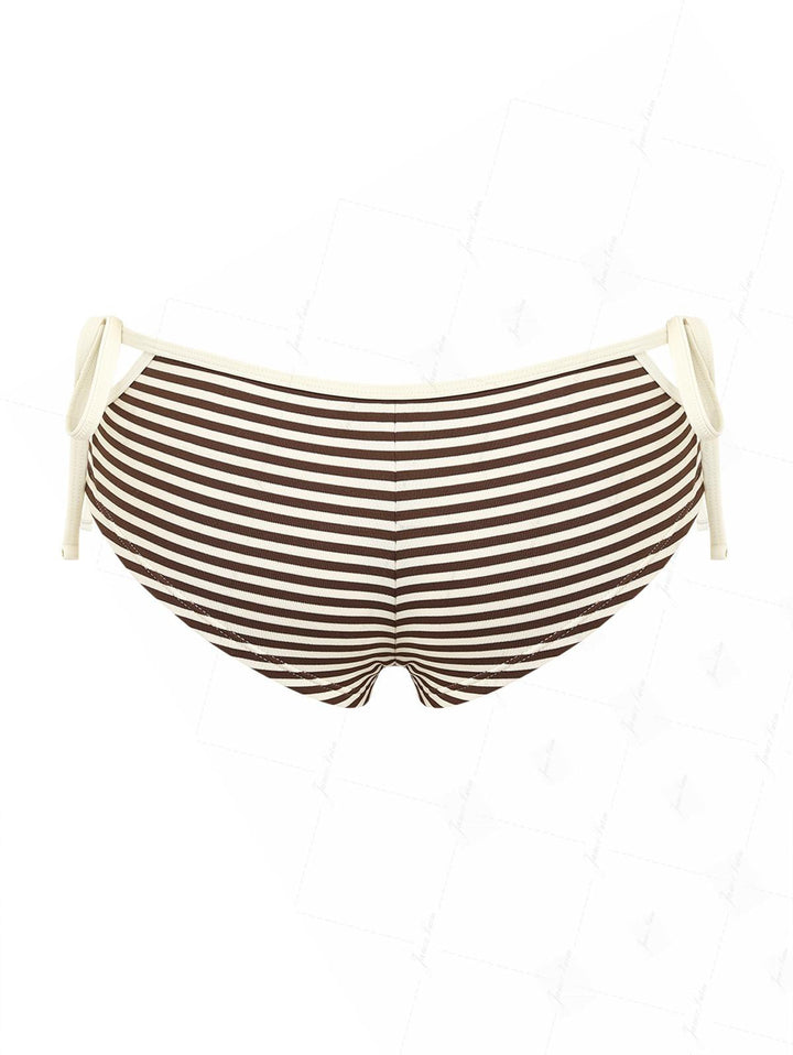 Brown Striped Cutout Tie Side Bikini Bottom Cheeky Swim Boyshorts