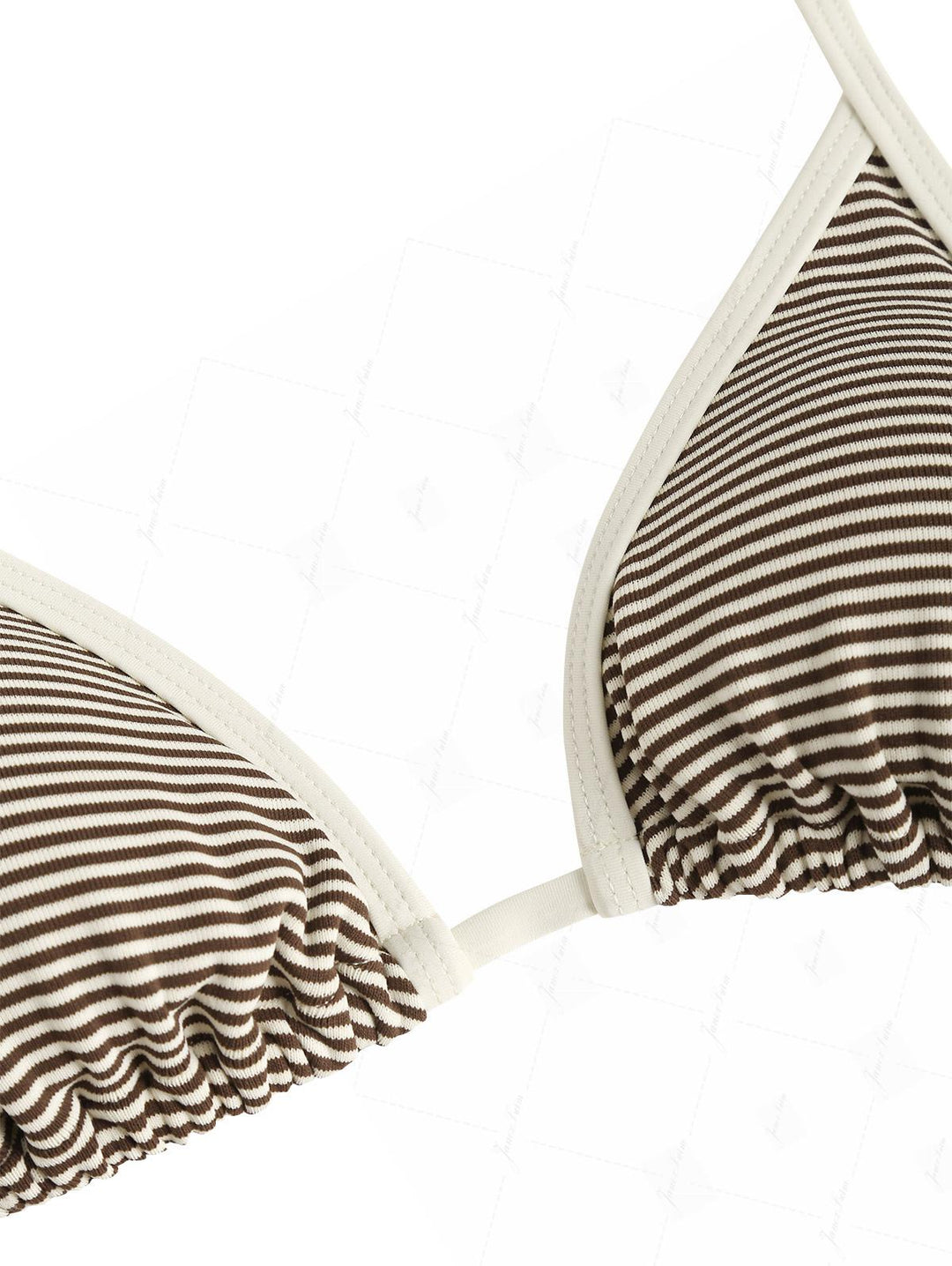 Brown Ribbed Knit Striped Contrast Binding Halter Triangle Bikini Top