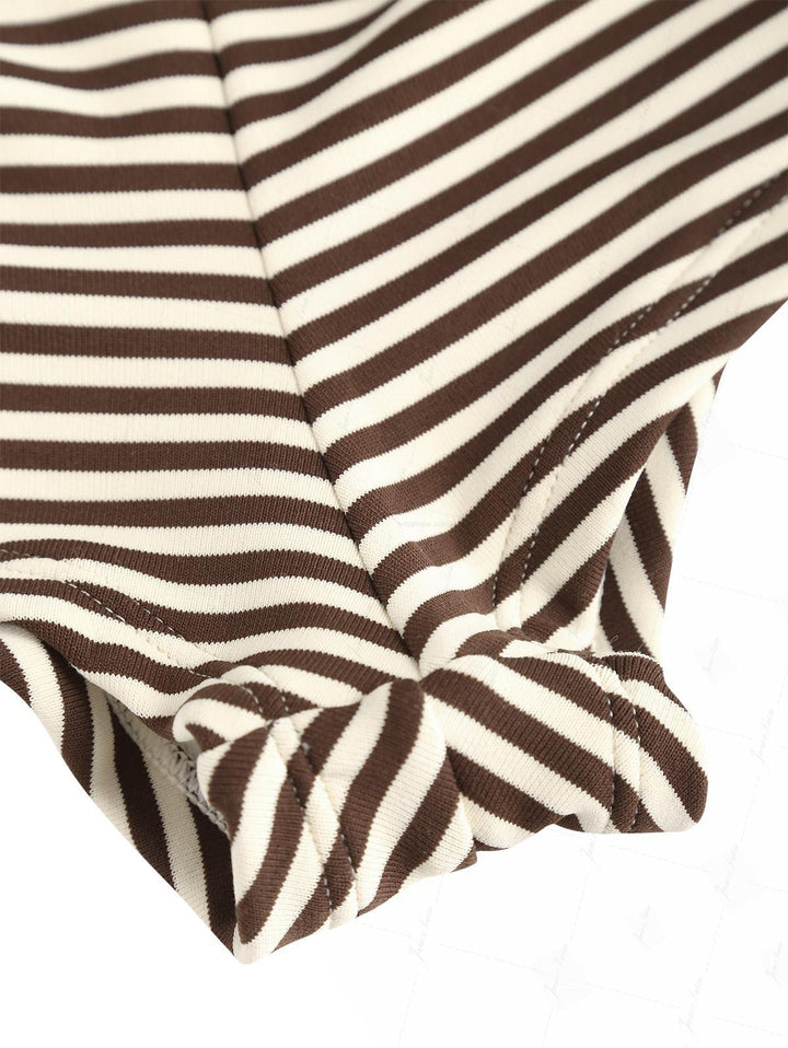 Brown Striped Cutout Tie Side Bikini Bottom Cheeky Swim Boyshorts