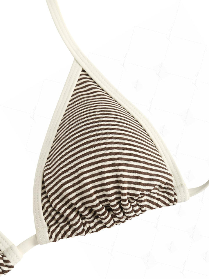 Brown Ribbed Knit Striped Contrast Binding Halter Triangle Bikini Top