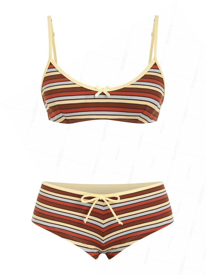 Seamolly Ribbed Knit Striped Tank Style Cheeky Boyshorts Bikini Set