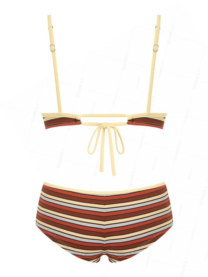 Seamolly Ribbed Knit Striped Tank Style Cheeky Boyshorts Bikini Set