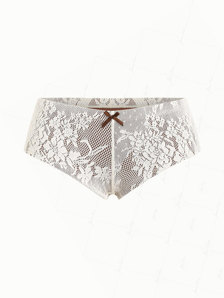 Crystal Cream Lace Bowknot Bikini Bottom Cheeky Swim Boyshorts