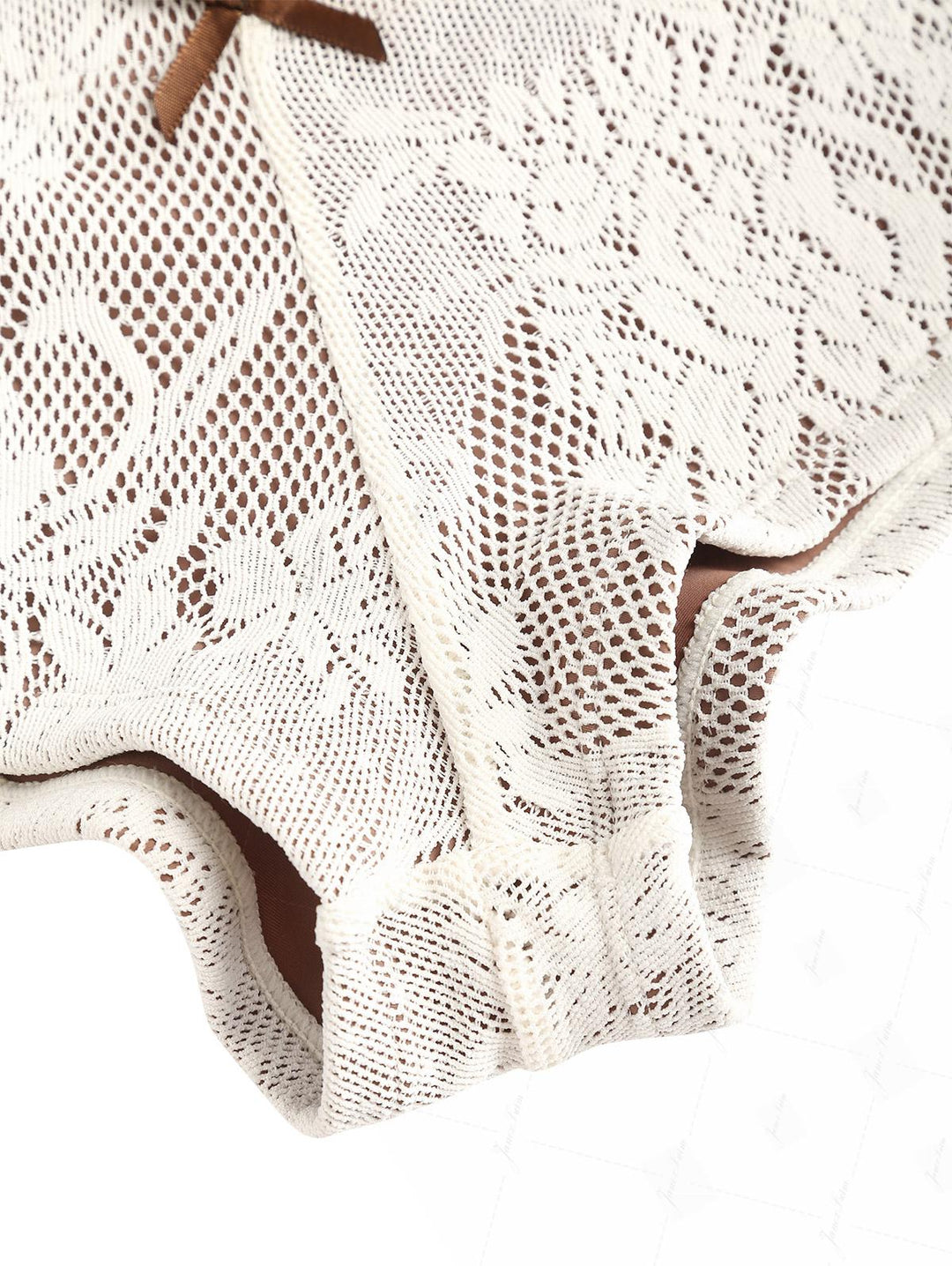 Crystal Cream Lace Contrast Piping Hanky Hem Cheeky Boyshorts Tankini Set