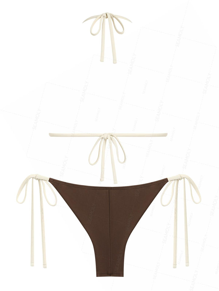 Seamolly Vintage Embroidery Halter Triangle Top & Cheeky Brazilian Bottom Bikini Set
