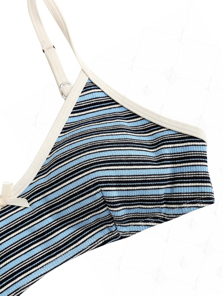 Blue Striped Bowknot Tank Style Lace Up Cheeky Boyshorts Bikini Set