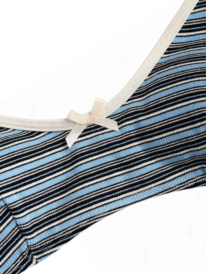 Blue Striped Bowknot Tank Style Lace Up Cheeky Boyshorts Bikini Set