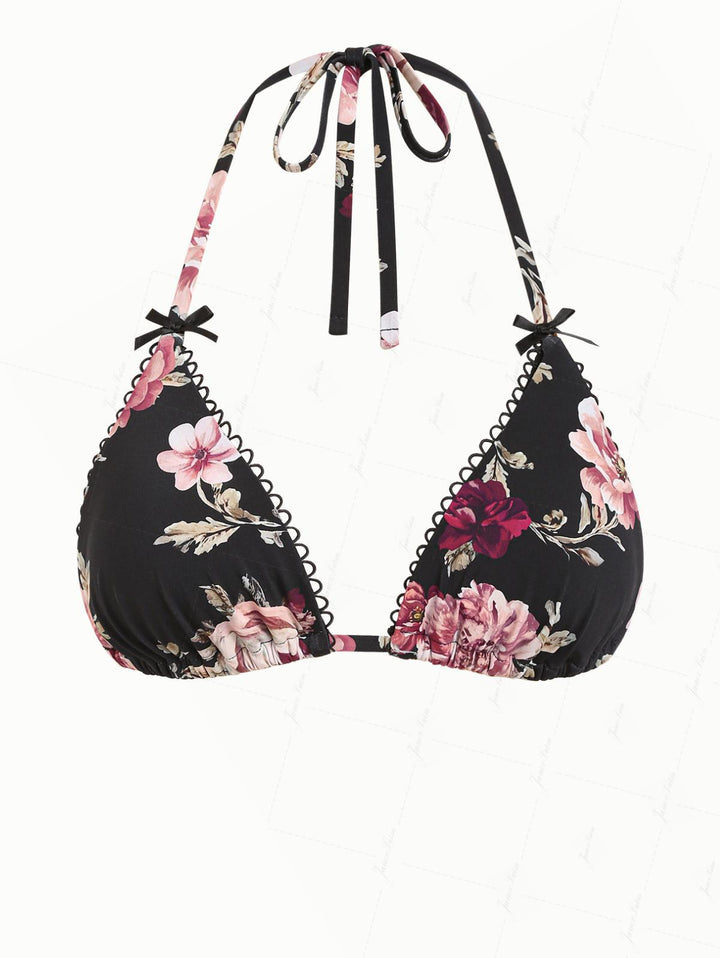 Black Floral Leaf Print Picot Trim Bowknot Halter Triangle Bikini Top