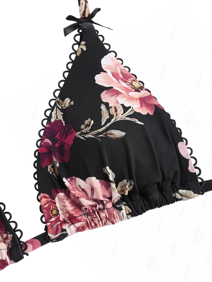 Black Floral Leaf Print Triangle Top & Cheeky Brazilian Bottom Bikini Set