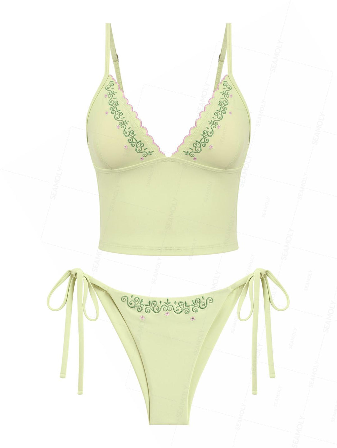 Seamolly Embroidered Scalloped Edge Cami Tank Top & Cheeky Brazilian Bottom Tankini Set