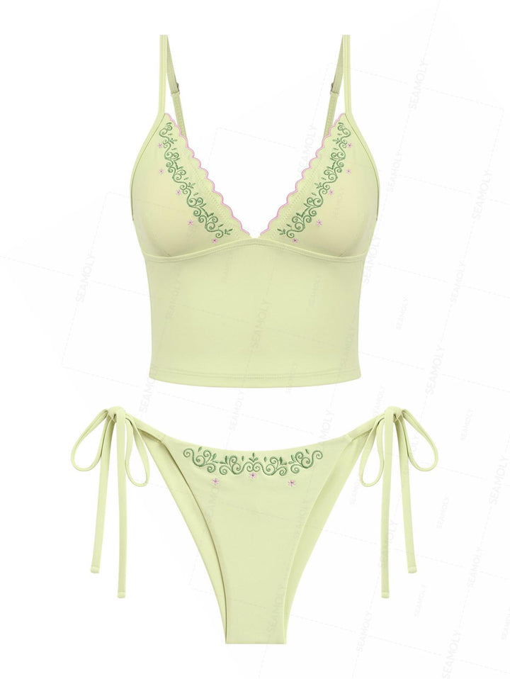 Seamolly Embroidered Scalloped Edge Cami Tank Top & Cheeky Brazilian Bottom Tankini Set