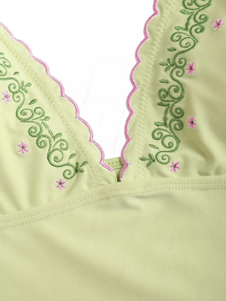 Seamolly Embroidered Scalloped Edge Cami Tank Top & Cheeky Brazilian Bottom Tankini Set
