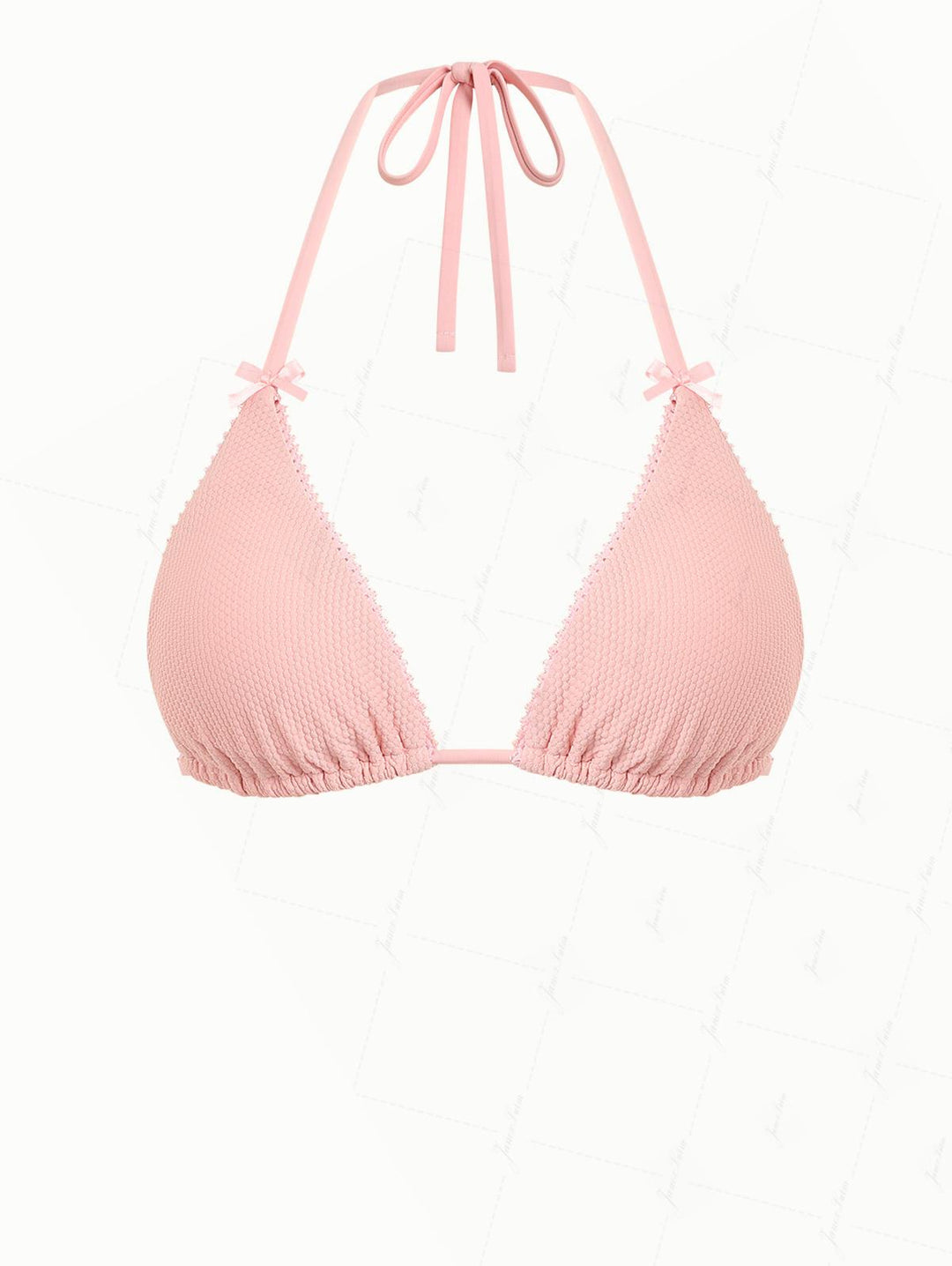 Pink Textured Knit Fabric Lace Bowknot Halter Triangle Bikini Top
