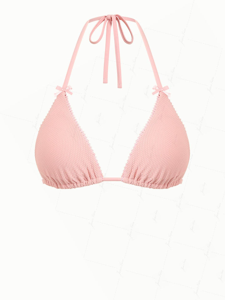 Pink Textured Knit Fabric Lace Bowknot Halter Triangle Bikini Top