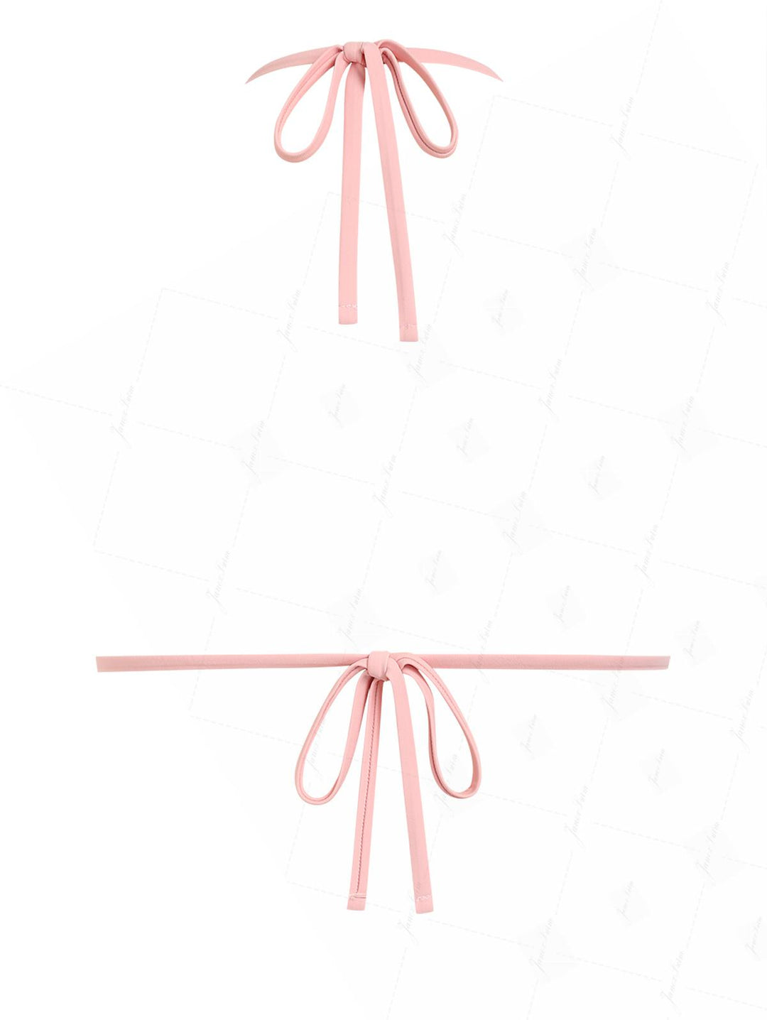 Pink Textured Knit Fabric Lace Bowknot Halter Triangle Bikini Top