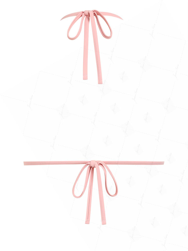 Pink Textured Knit Fabric Lace Bowknot Halter Triangle Bikini Top