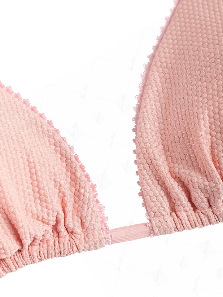 Pink Textured Knit Fabric Halter Triangle Top & Cheeky Brazilian Bottom Bikini Set