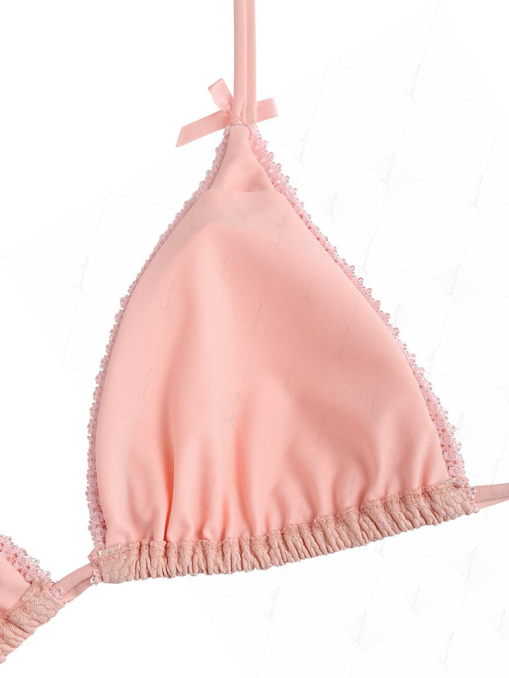 Pink Textured Knit Fabric Lace Bowknot Triangle Skirtini Bikini Set