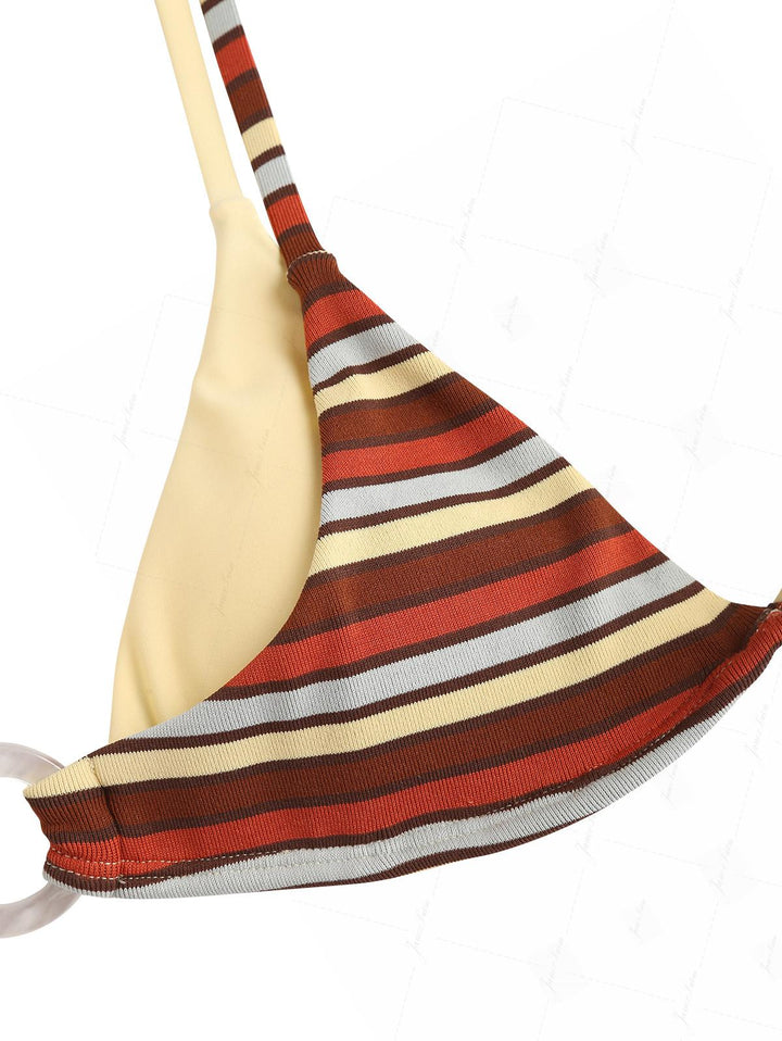 Yellow Contrast Color Ribbed Knit Striped O Ring Double Layer Bikini Top